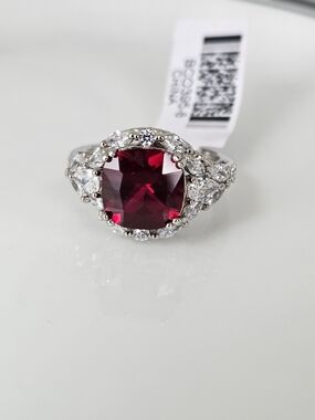 Stunning Ruby & Simulated Diamond Ring Sterling Silver Size 8. NWT